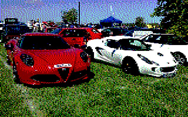 Image converted by 'CPiC'. A red Alfa Romeo on the left, next to white sports cars, parked on green grass on the right, at the vintage and sports cars show on a sunny day.