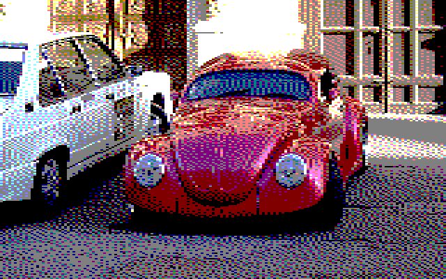 Image converted by 'CPiC'. A classic, red, shiny Volkswagen Beetle, in excellent condition, parked on the street.