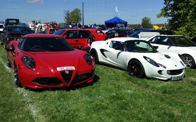 A red Alfa Romeo on the left, next to white sports cars, parked on green grass on the right, at the vintage and sports cars show on a sunny day.